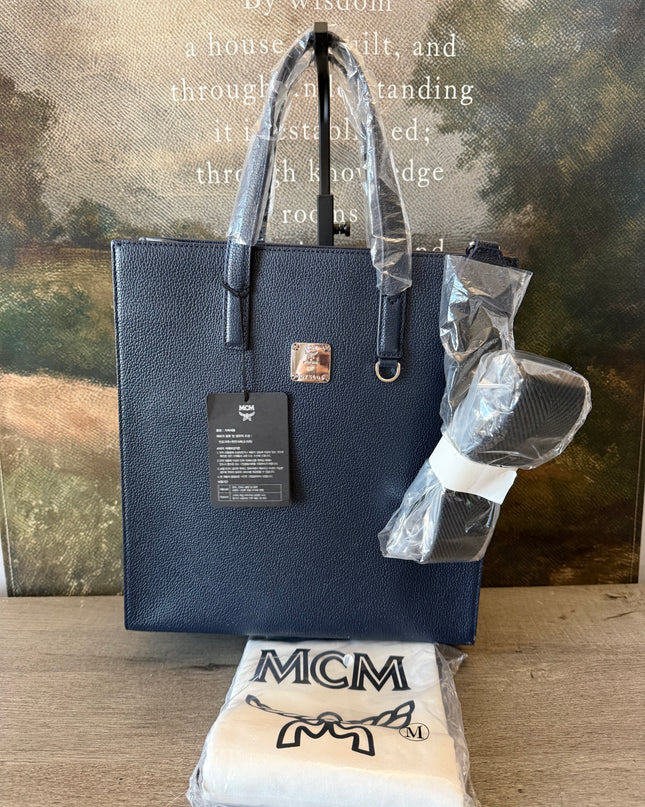 MCM Navy Leather Structured Tote NWT w/ Strap & Dust Bag – Gold Plate Logo