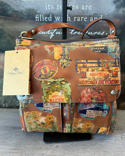 NWT Patricia Nash Ellison Crossbody – Vintage Travel Sticker Print – Leather