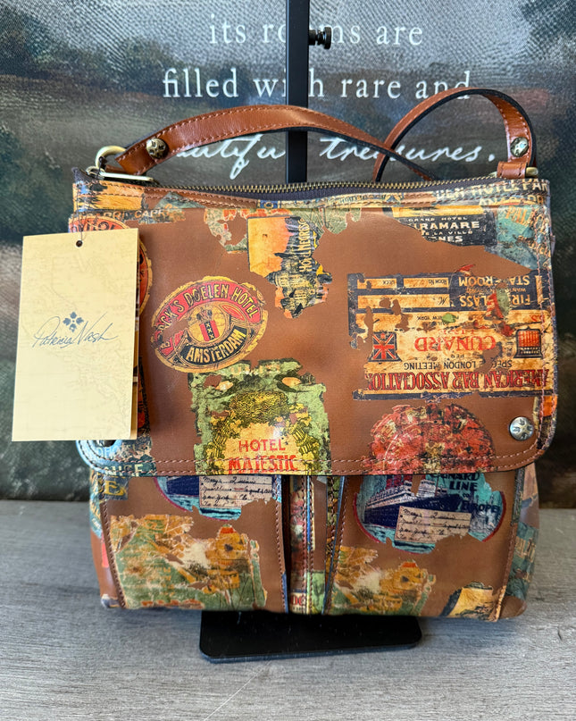 NWT Patricia Nash Ellison Crossbody – Vintage Travel Sticker Print – Leather