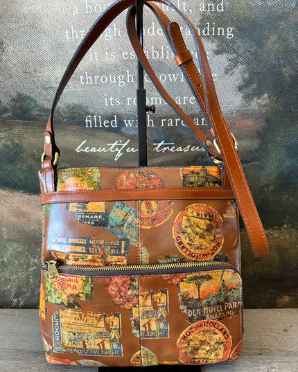 NWT Patricia Nash Ellison Crossbody – Vintage Travel Sticker Print – Leather