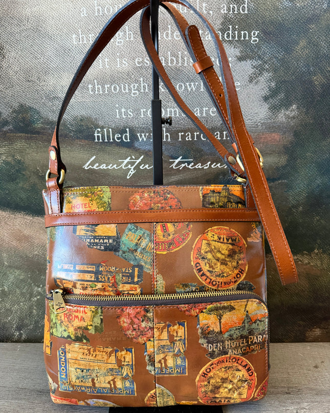 NWT Patricia Nash Ellison Crossbody – Vintage Travel Sticker Print – Leather