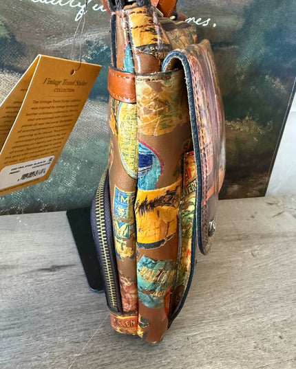 NWT Patricia Nash Ellison Crossbody – Vintage Travel Sticker Print – Leather