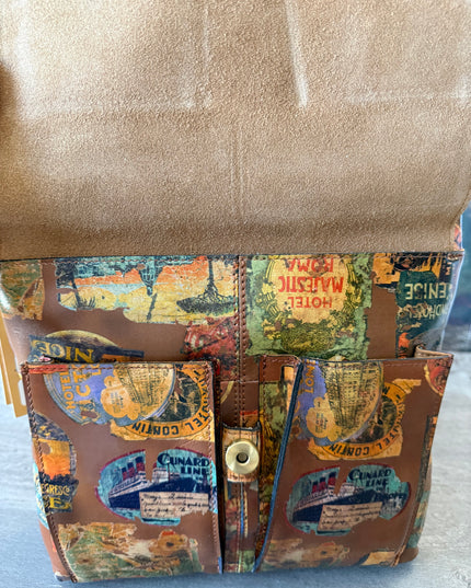 NWT Patricia Nash Ellison Crossbody – Vintage Travel Sticker Print – Leather