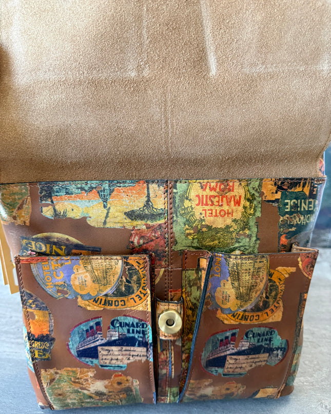 NWT Patricia Nash Ellison Crossbody – Vintage Travel Sticker Print – Leather