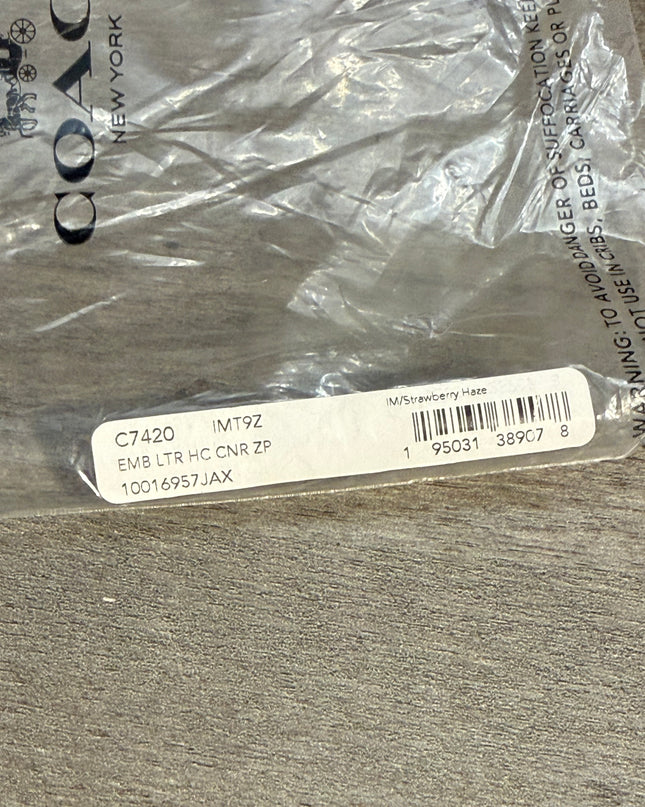 Coach Corner Zip Wristlet – Strawberry Haze Embossed Leather (C7420)