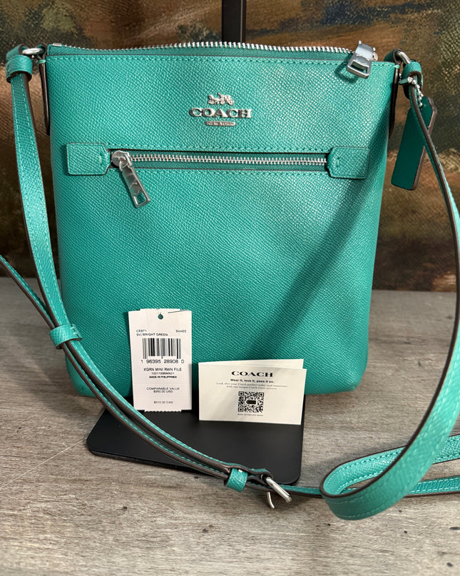 Coach Mini Rowan File Crossbody Bag – Bright Green Pebbled Leather (CE871)