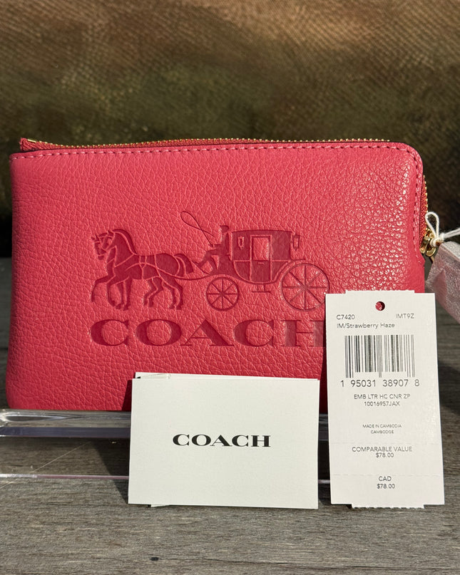 Coach Corner Zip Wristlet – Strawberry Haze Embossed Leather (C7420)