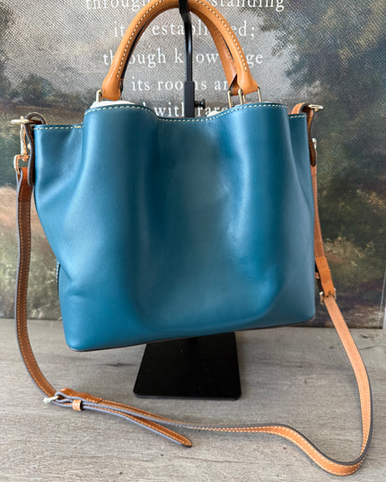 Dooney & Bourke Small Brenna Satchel – Teal & Tan Pebbled Leather Crossbody
