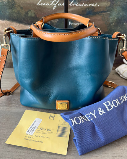 Dooney & Bourke Small Brenna Satchel – Teal & Tan Pebbled Leather Crossbody