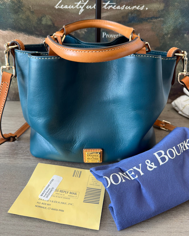 Dooney & Bourke Small Brenna Satchel – Teal & Tan Pebbled Leather Crossbody