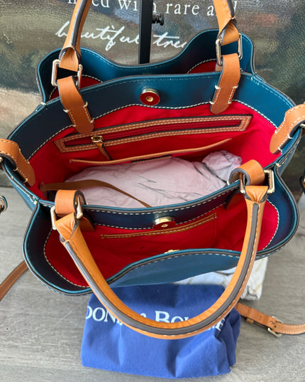 Dooney & Bourke Small Brenna Satchel – Teal & Tan Pebbled Leather Crossbody