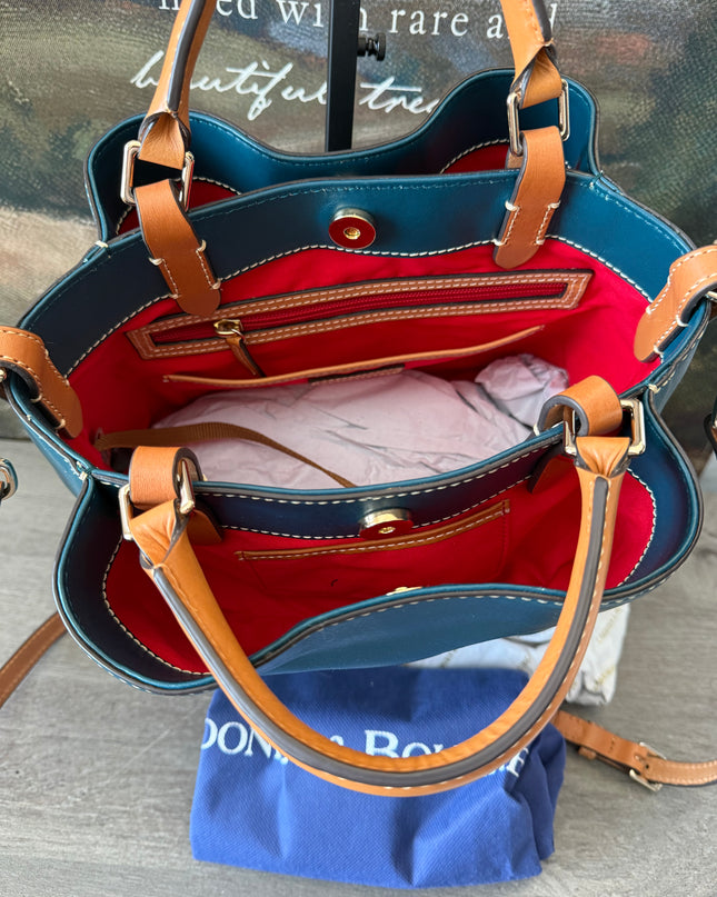 Dooney & Bourke Small Brenna Satchel – Teal & Tan Pebbled Leather Crossbody