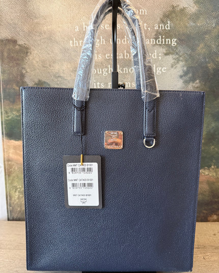 MCM Navy Leather Structured Tote NWT w/ Strap & Dust Bag – Gold Plate Logo