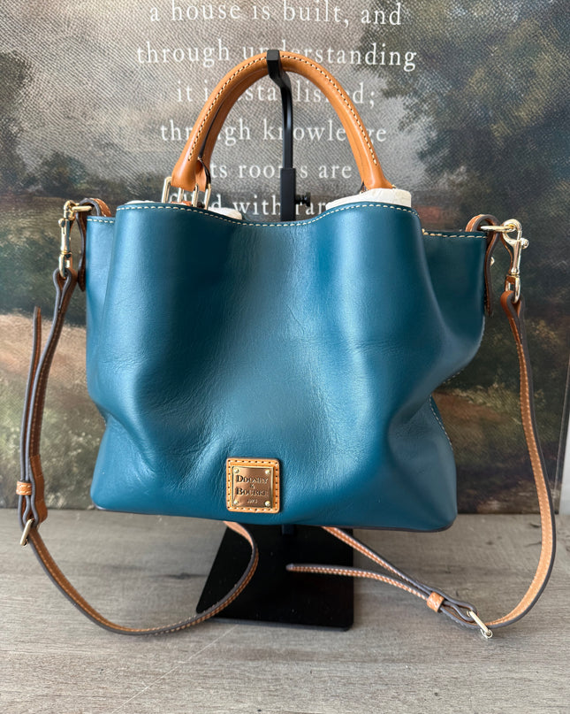 Dooney & Bourke Small Brenna Satchel – Teal & Tan Pebbled Leather Crossbody