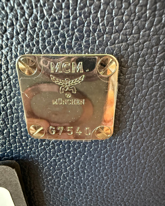 MCM Navy Leather Structured Tote NWT w/ Strap & Dust Bag – Gold Plate Logo