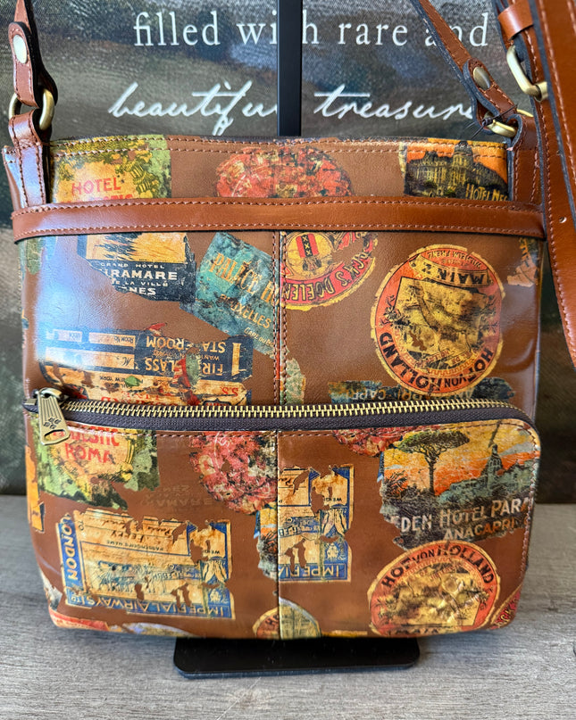 NWT Patricia Nash Ellison Crossbody – Vintage Travel Sticker Print – Leather