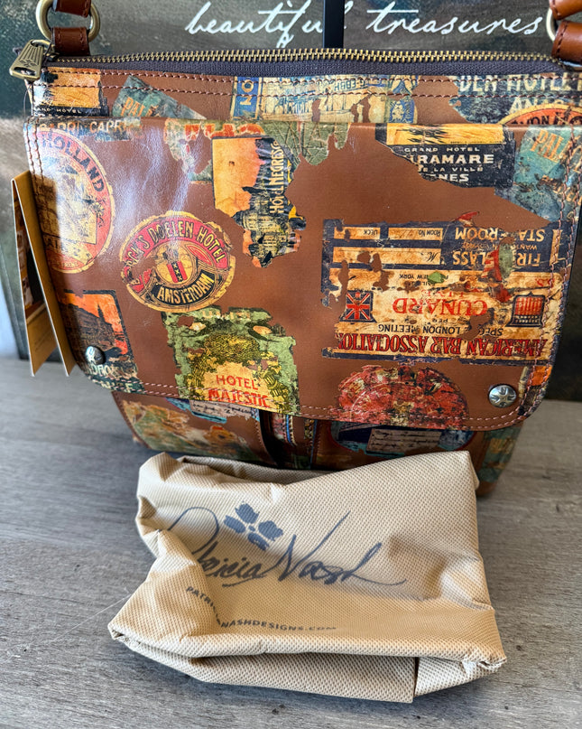 NWT Patricia Nash Ellison Crossbody – Vintage Travel Sticker Print – Leather